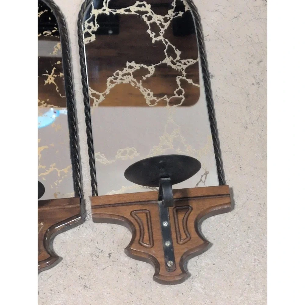 Vtg 3 Homco Mcm Gothic Spanish Smoked Mirrored Candle Wall Sconce Wood Metal